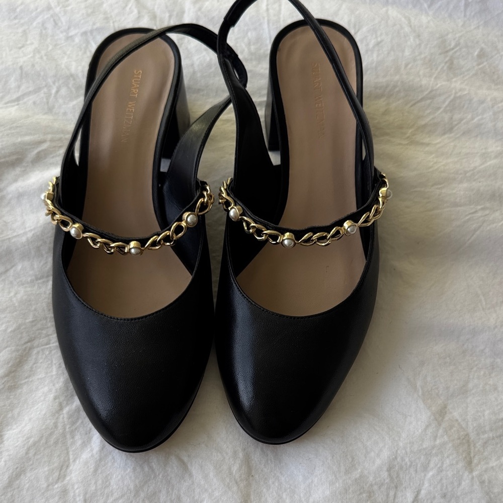 Stuart Weitzman Black Slingback Heels with Gold Chain